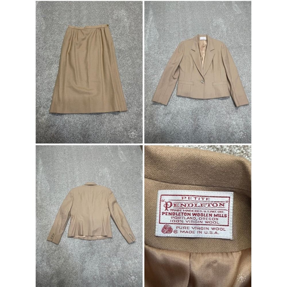 Pendleton womens single button blazer skirt set sz small petite beige USA Vtg